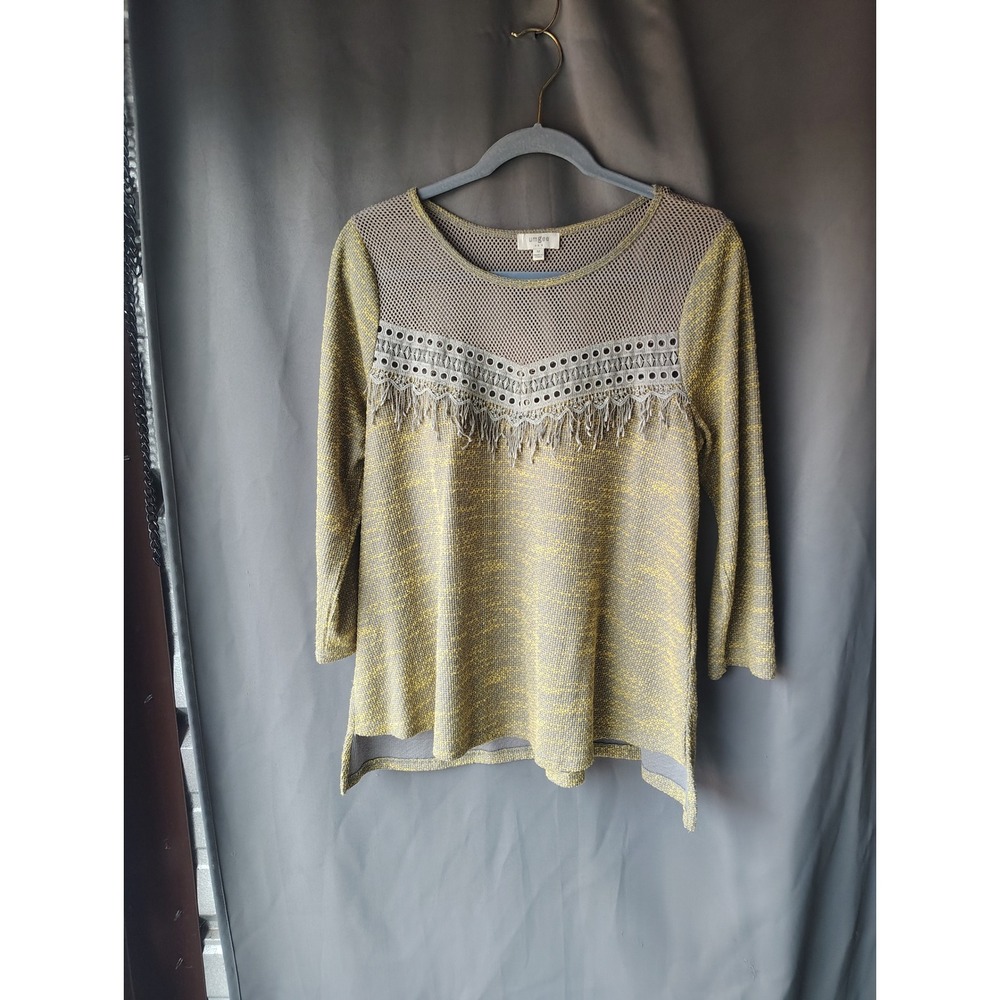 Umgee‎ USA Womens Medium Yellow Grey Marled Knit Mesh Eyelet Fringe Boho Top